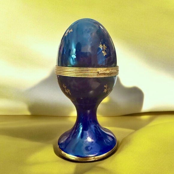 Vintage Limoges Peint Main Cobalt Blue Porcelain Pedestal Egg Hinged Trinket Box - Picture 8 of 11